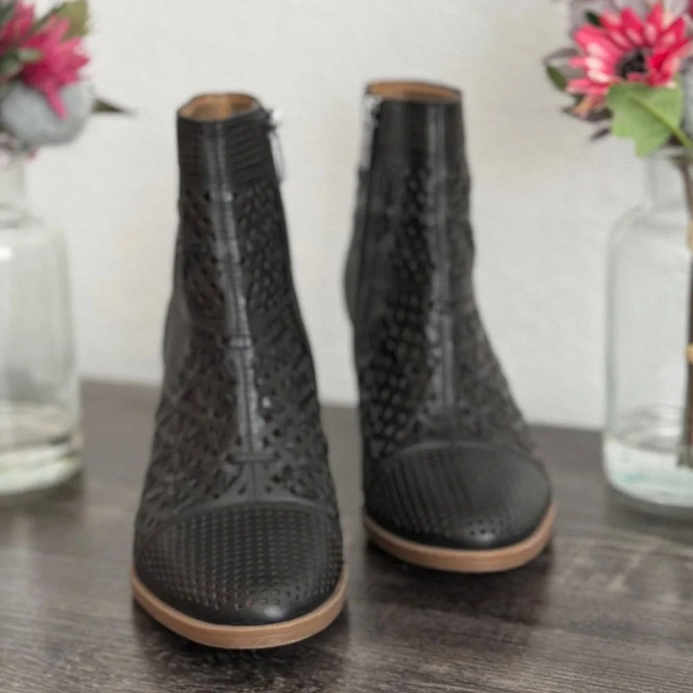 Franco Sarto Black Perforated Leather Ankle Boots - Picture 2 of 8